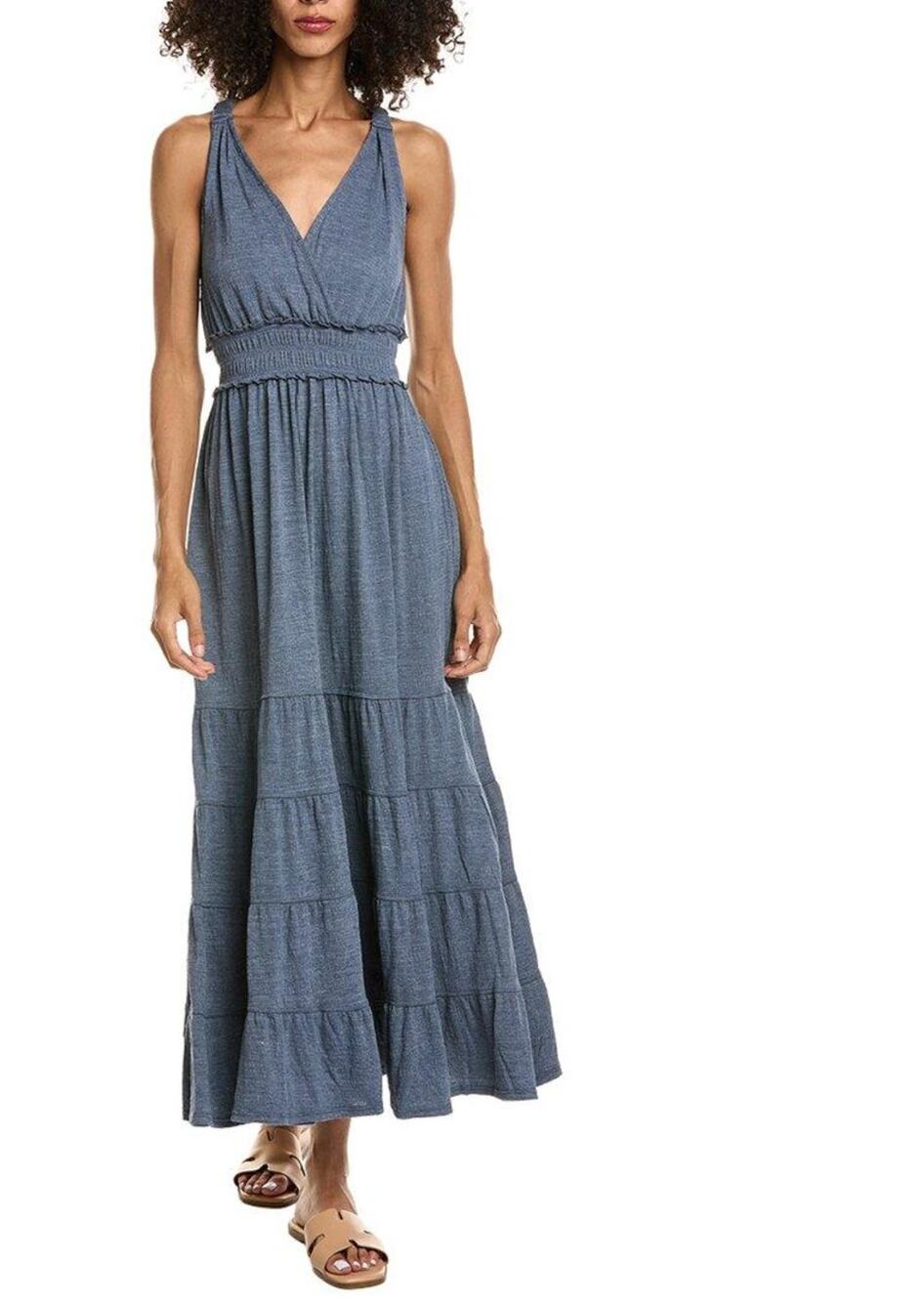 Max Studio Blue V-Neck Empire Waist Tiered Maxi Dress Size Large NWT